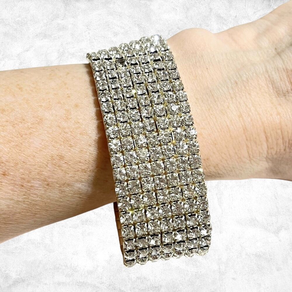 Rhinestone Stretch Bracelet Bangle Silver Tone Glam Bling Evening 1" Prong Set